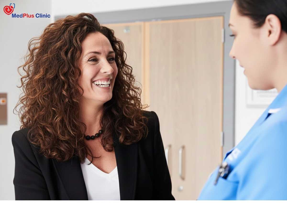 A smiling healthcare professional greeting a patient in a modern private clinic environment, demonstrating compassionate and patient-centred care in North London